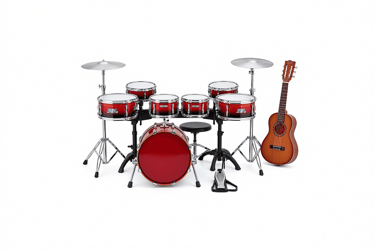 Kids Red Drum Set with Guitar