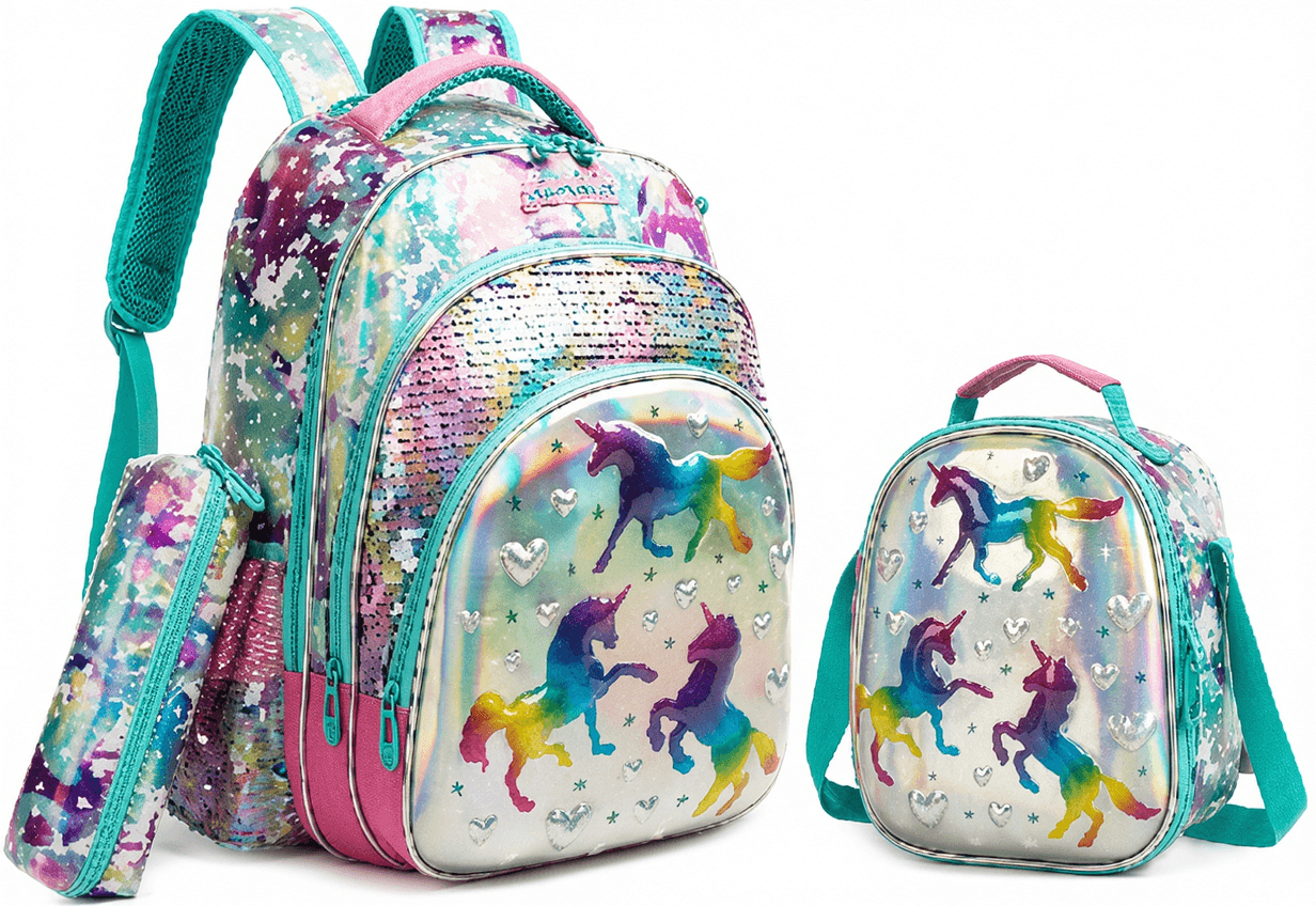 17-Inch Rainbow Unicorn Sequined Backpack 3PCS Set