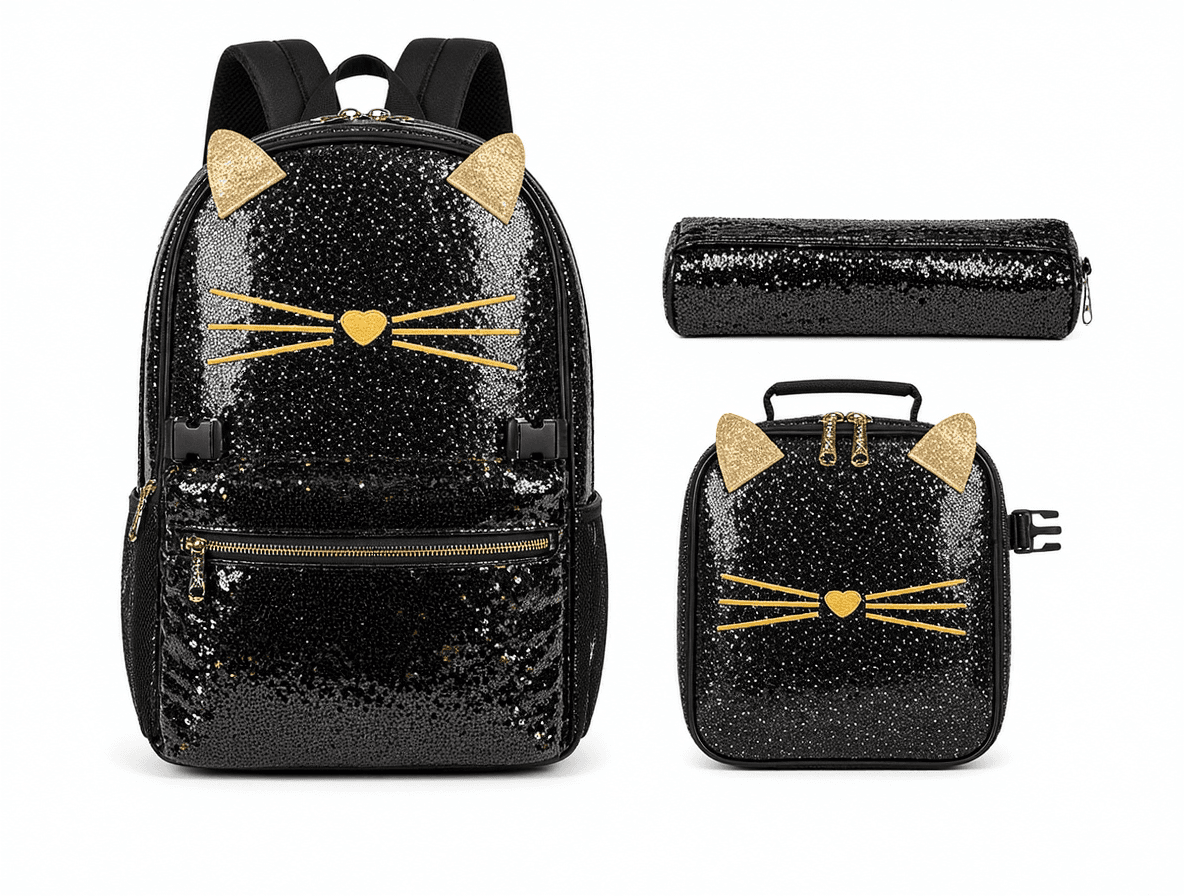 Black Sequin Cat Backpack 3-Piece Set