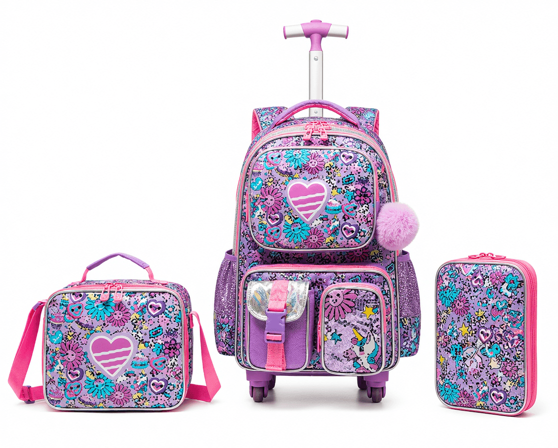 17" Purple Floral Trolley Backpack 3-Piece Set