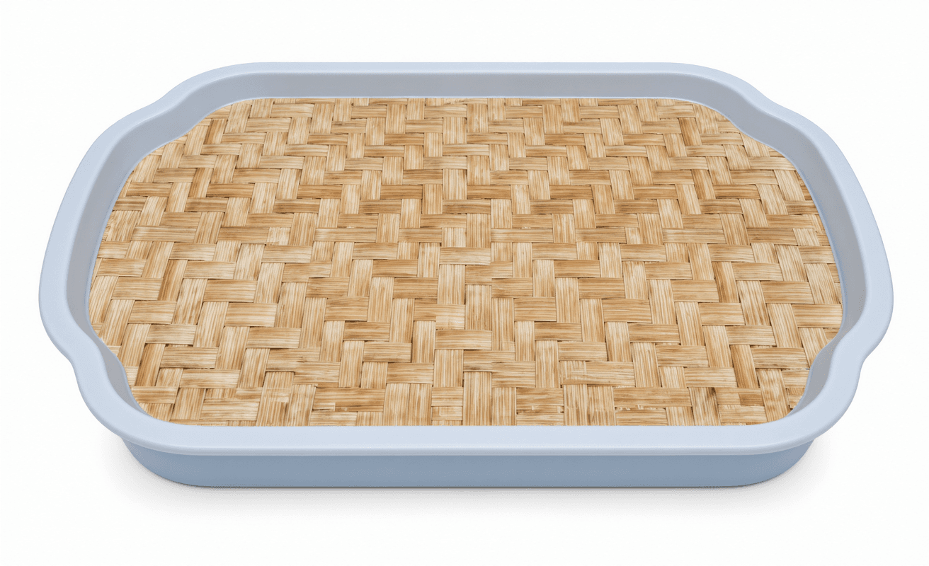 Woven Bamboo Serving Tray with Blue Rim